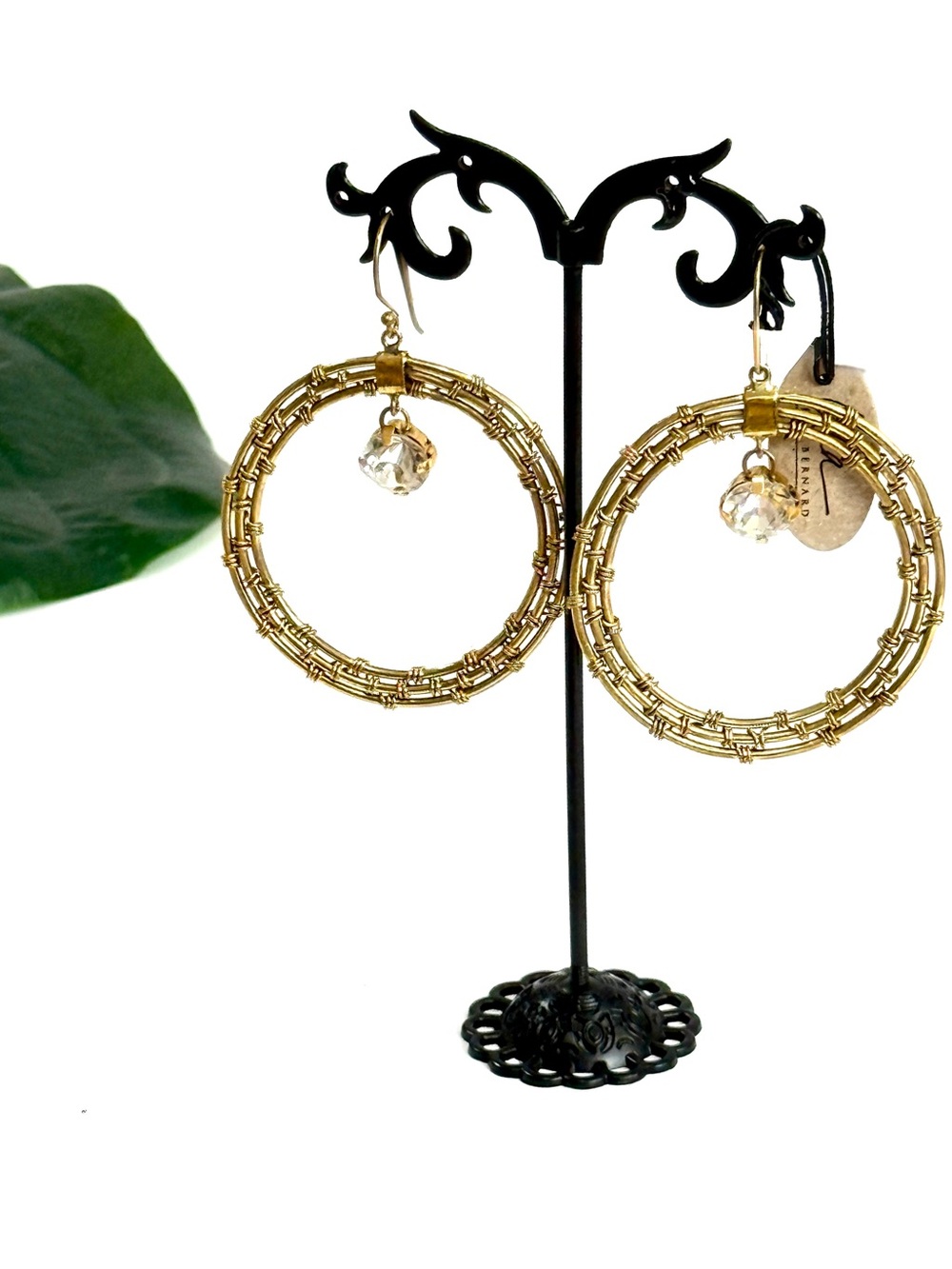 Lena Bernard Designer Artisan Gold Wire statement hoop earrings with Crystal NWT